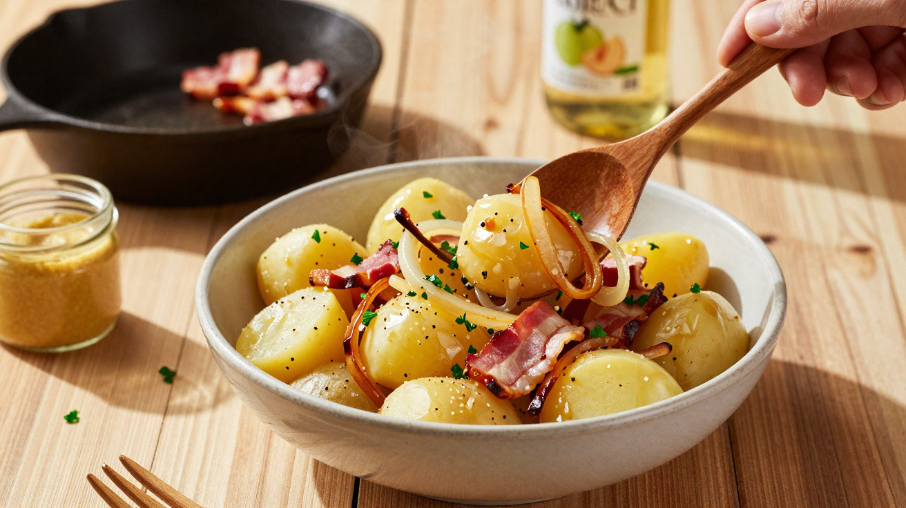 Schüssel mit warmen Erdäpfeln, Zwiebeln und Speckwürfeln auf Holztisch, Hand mit Holzlöffel oberhalb.