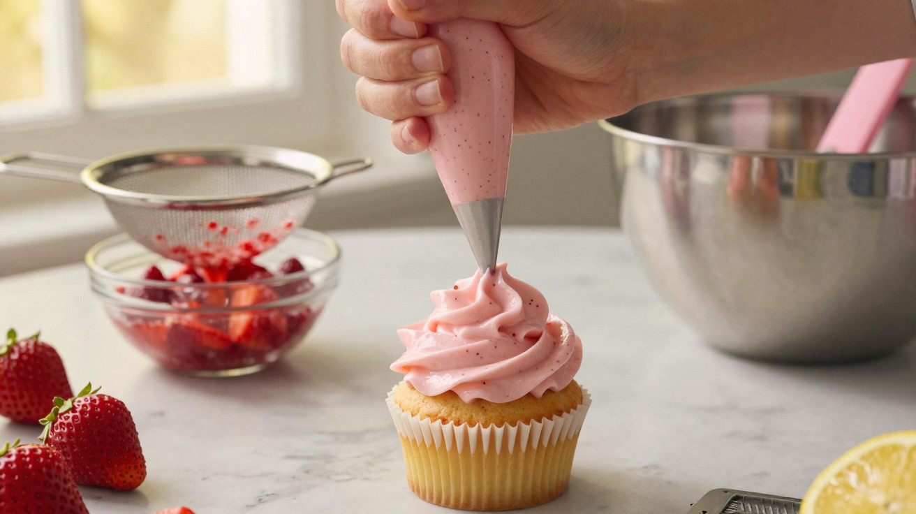 Hand spritzt rosa Erdbeercreme mit Dressiersack auf Cupcake, Erdbeeren und Küchensieb im Hintergrund.