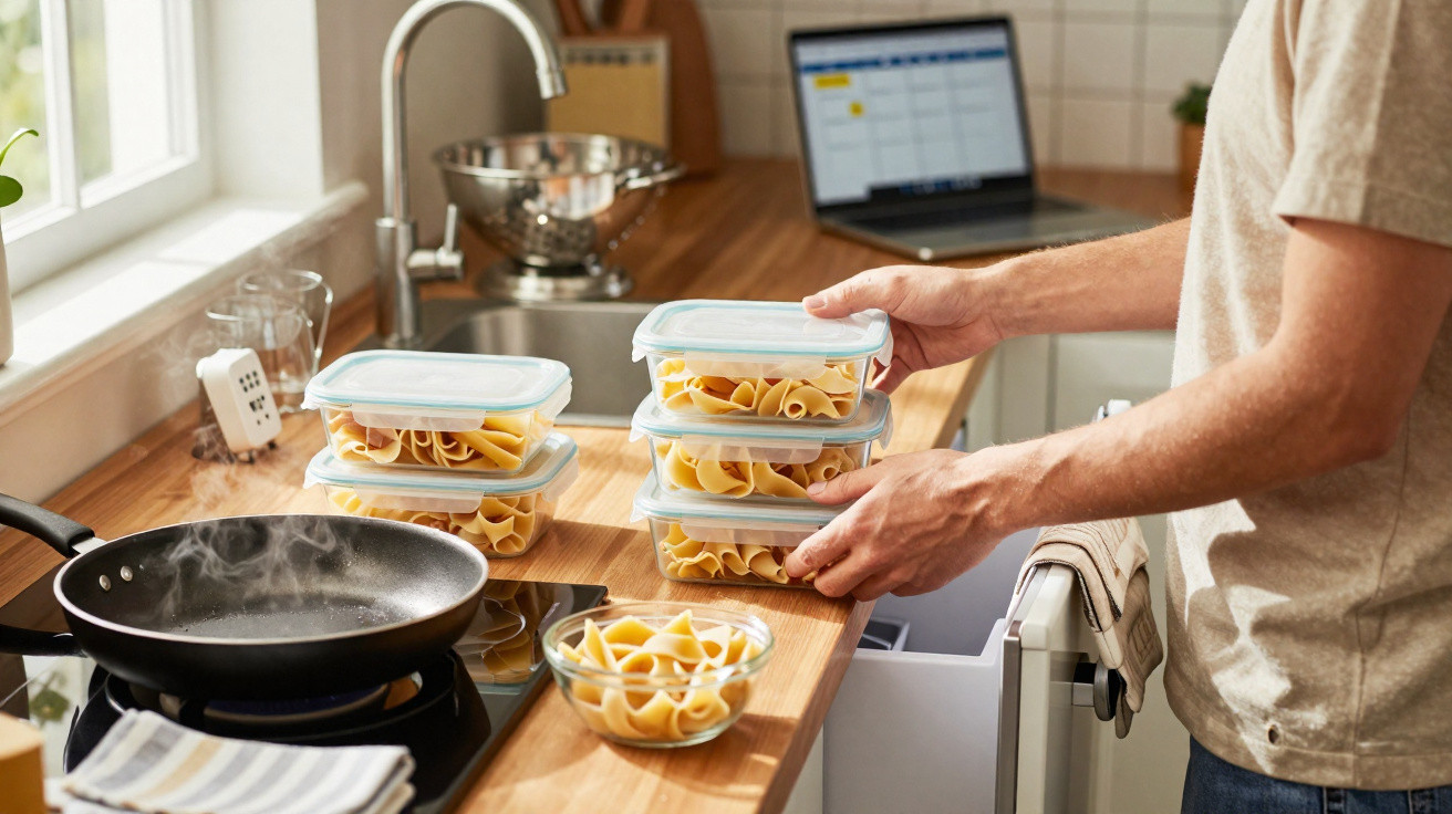 Person stellt Frischhaltedosen mit ungekochter Pasta in moderne Küche mit Herd und Laptop auf Arbeitsfläche.