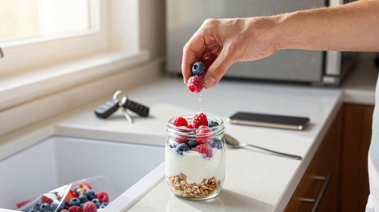 Hand legt Himbeeren und Heidelbeeren auf Joghurt mit Müsli in Glas auf Küchentheke nahe Fenster.