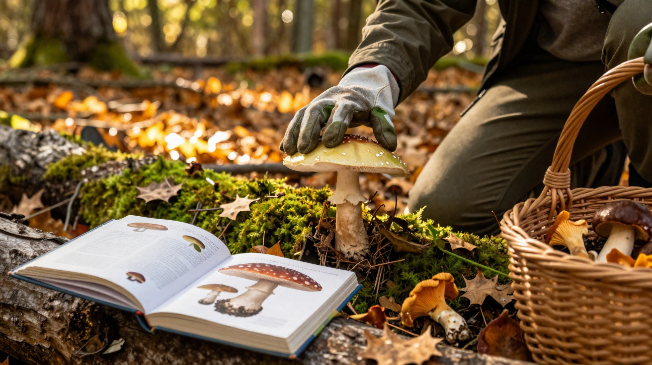 Person erntet Fliegenpilz im Wald, neben Pilzbestimmungsbuch und gefülltem Korb mit Pilzen.
