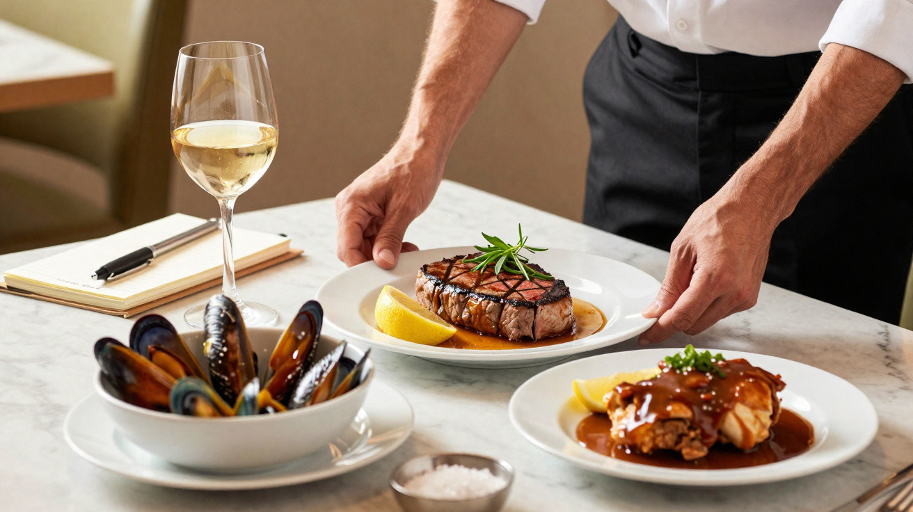 Person serviert gegrilltes Steak mit Kräuterzweigen, dazu Schale Muscheln, Teller mit Sauce, Weißwein auf Marmorplatte.