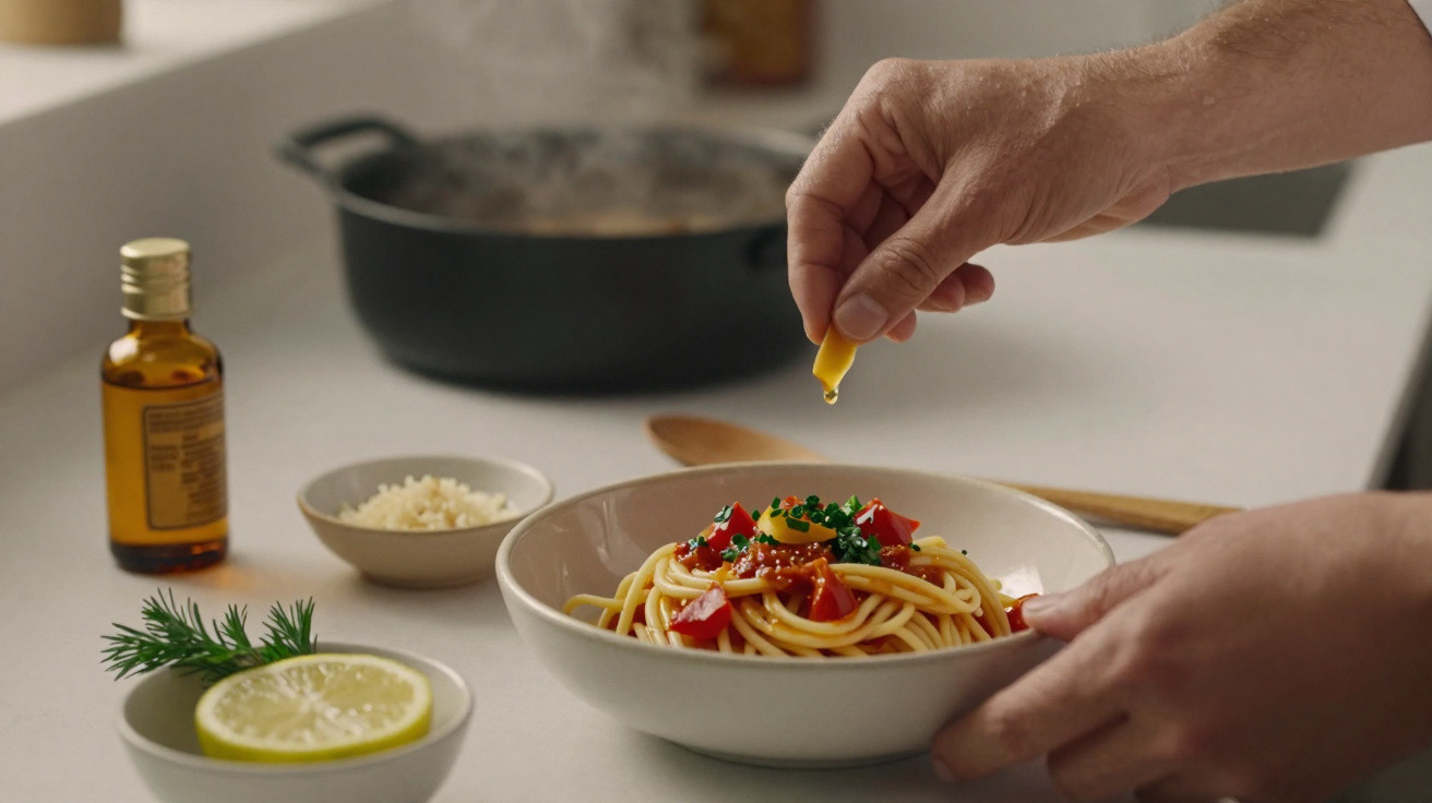 Hände geben Öl über einen Teller Spaghetti mit Tomaten und Kräutern in einer Küche.