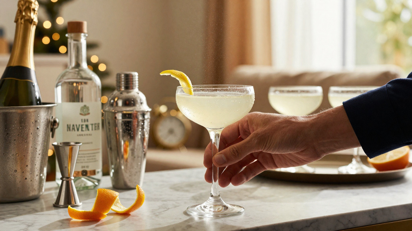 Hand greift Cocktailglas mit Zitronenscheibe, Barzubehör und Champagnerflasche auf Marmor-Tisch im Hintergrund.