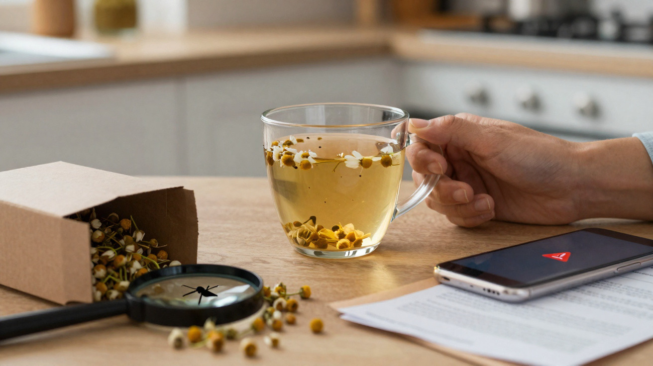 Hand hält Tasse Kamillentee auf Küchenplatte mit Lupe, lose Kamillenblüten und Handy mit Warnmeldung.