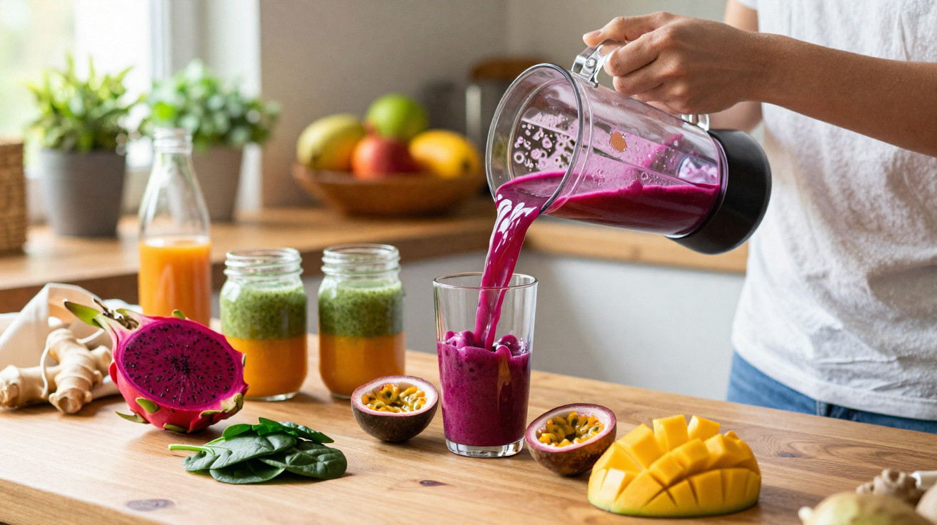 Person gießt pinken Smoothie aus Mixer in Glas, daneben frische Früchte und Säfte auf Holztisch.
