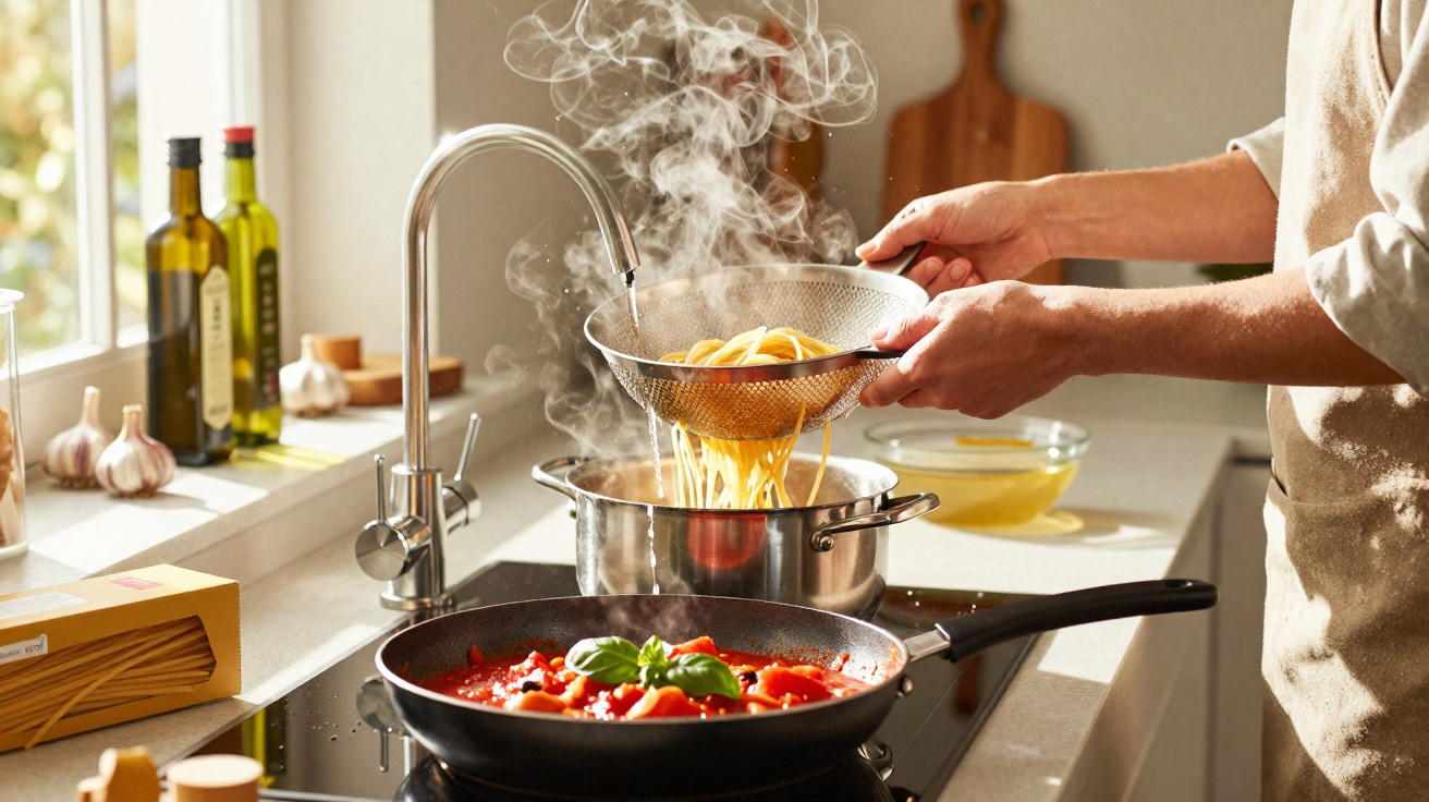 Person gießt heiße Spaghetti in einem Sieb ab, daneben köchelt Tomatensauce in der Pfanne.