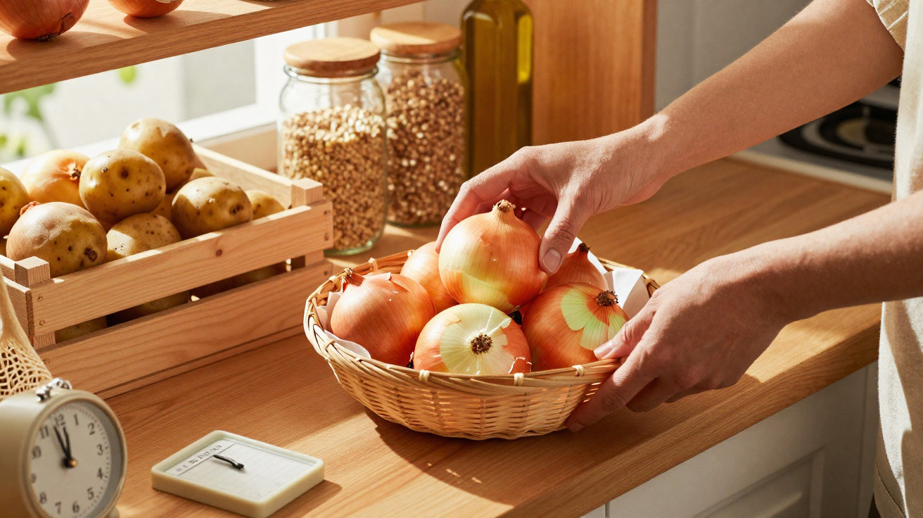 Hände legen Zwiebeln in ein Weidenkorb, daneben Kartoffeln und Gewürzgläser auf Küchenarbeitsplatte.