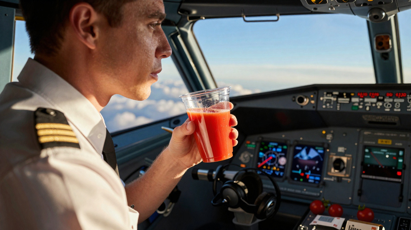 Pilot mit Uniform trinkt Tomatensaft im Cockpit während des Fluges über Wolken bei Sonnenuntergang.
