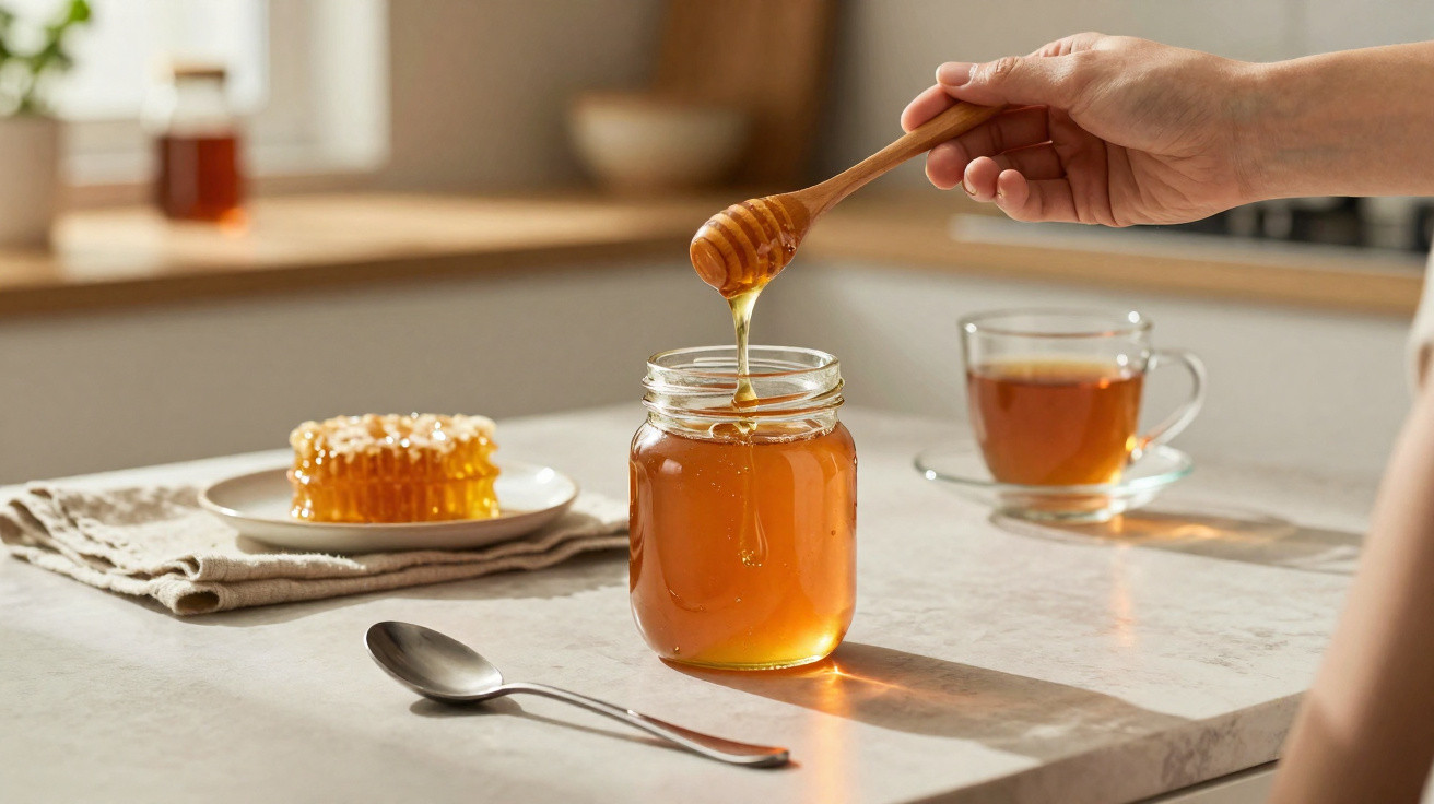 Honig tropft von einem Holzlöffel in ein Glas, daneben Honigwabe und eine Tasse Tee auf Tisch.