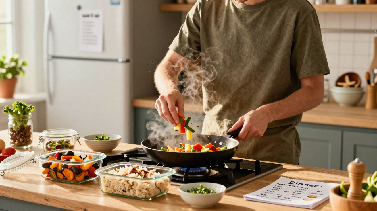 Person kocht bunte Gemüsepfanne auf Herd in moderner Küche mit frischen Zutaten und Rezeptblatt am Tisch.