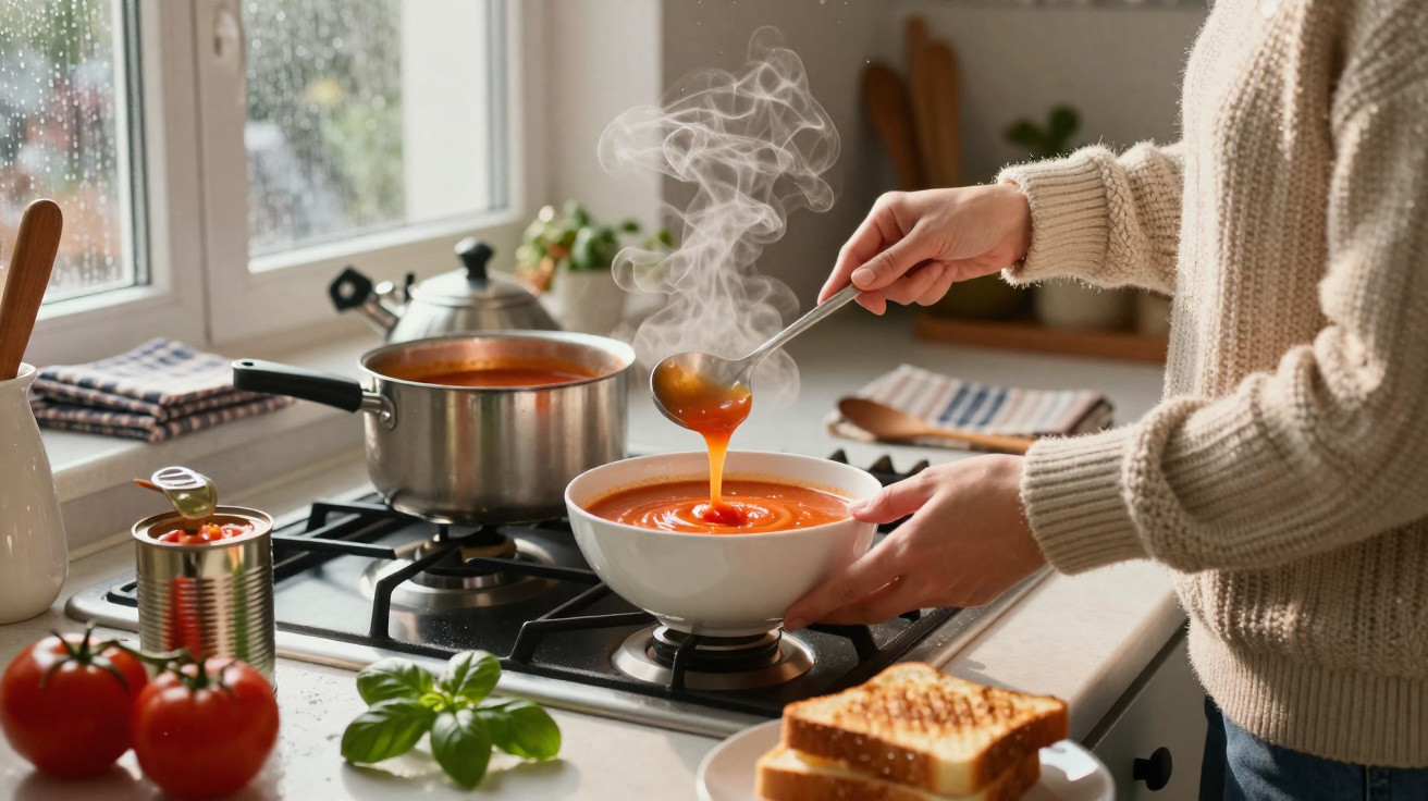 Dampfende Tomatensuppe wird in einer Küche frisch in eine Schüssel serviert, daneben Toast und frische Zutaten.