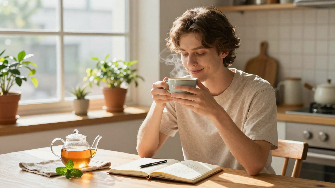 Junger Mann genießt dampfende Tasse Tee beim Lesen und Schreiben in gemütlicher Küche mit Sonnenlicht.