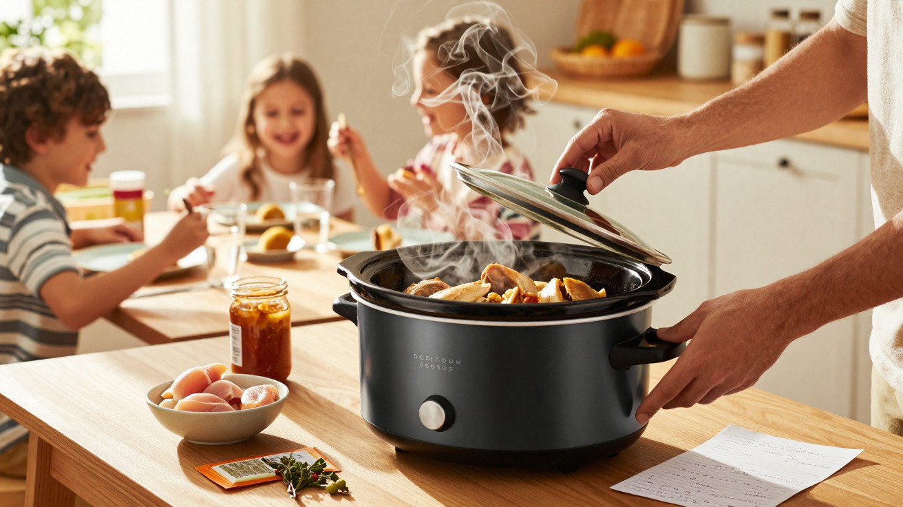 Dampfender Slow Cooker mit Braten auf einem Tisch, im Hintergrund essen lachende Kinder gemeinsam.
