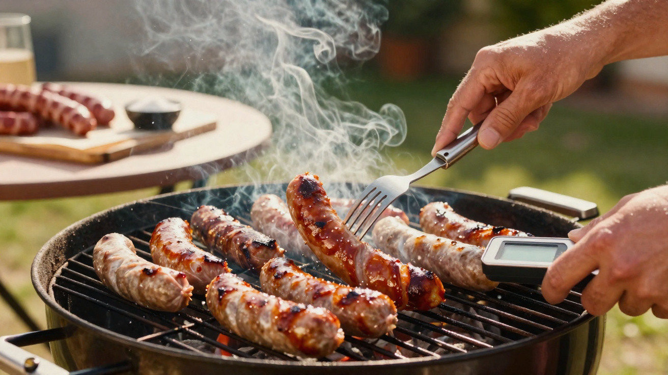 Würstel auf einem Grillrost, Hände wenden eine Wurst mit Gabel und messen die Temperatur beim Grillen im Freien.
