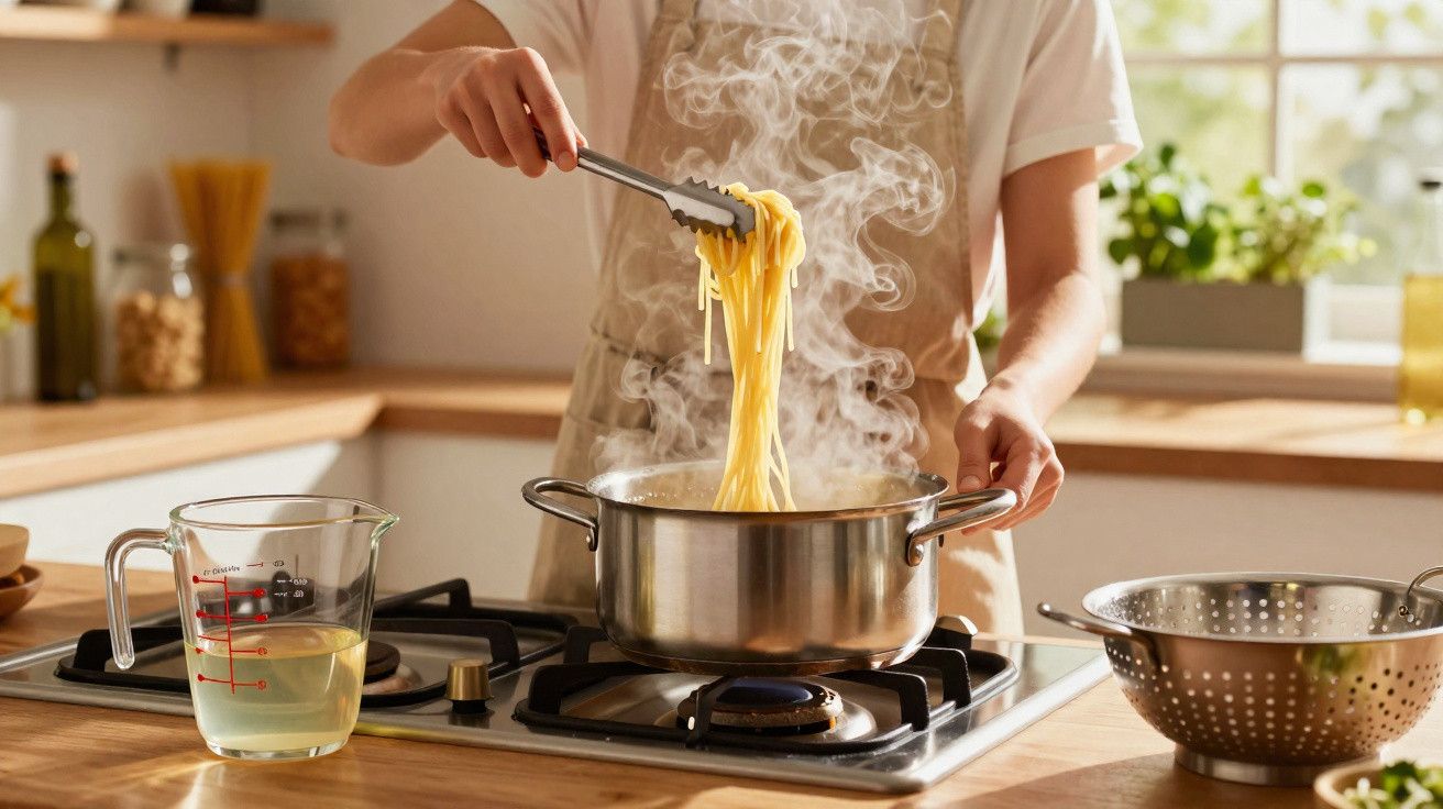 Person kocht dampfende Spaghetti in einem Topf auf Gasherd in heller Küche mit Küchenutensilien.