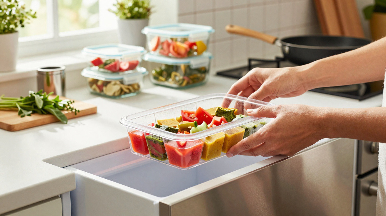Person legt Frischhaltedose mit verschiedenen Gemüsesorten in Edelstahl-Kühlschrank in moderner Küche.