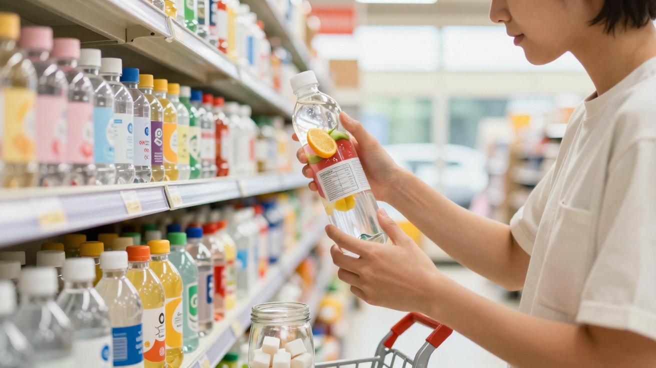 Person hält eine Flasche mit Wasser und Fruchtaroma im Supermarkt vor einem Getränke-Regal.