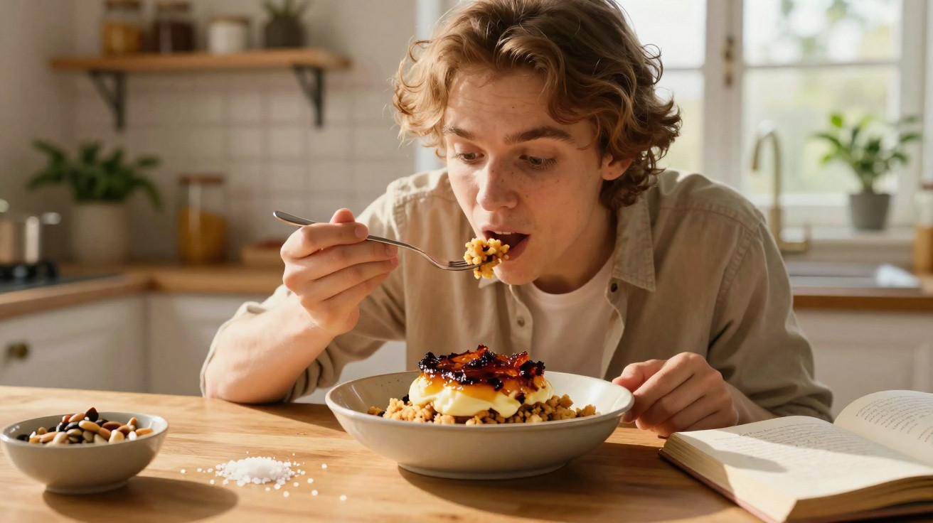 Junger Mann isst Müsli mit Honig und Joghurt in heller Küche, Buch liegt geöffnet am Tisch.