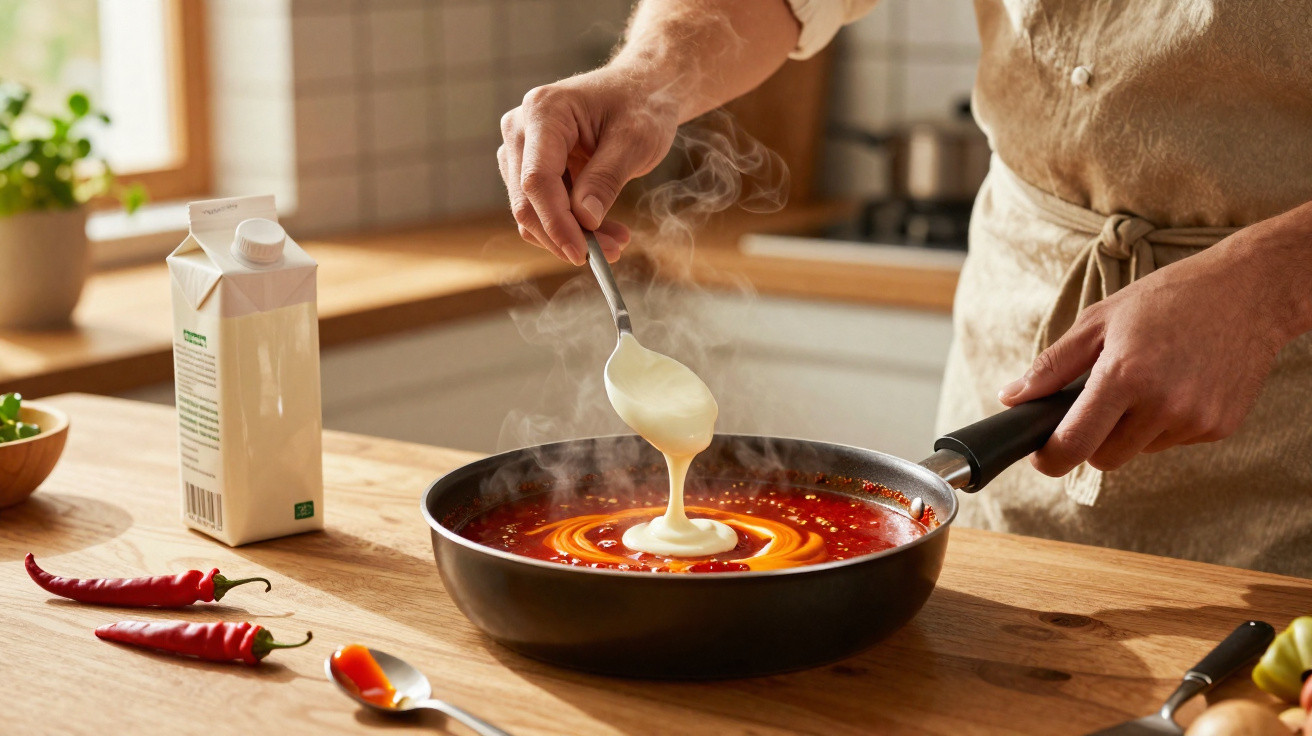 Person gießt cremige Sauce in eine Pfanne mit dampfendem Tomatensugo in moderner Küche.