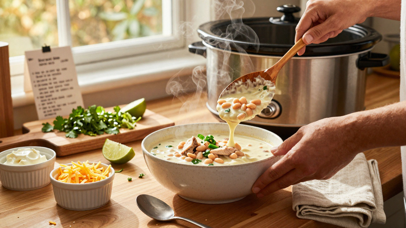 Dampfende weiße Bohnensuppe mit Kräutern wird in eine Schüssel aus einem Holzlöffel gegossen.
