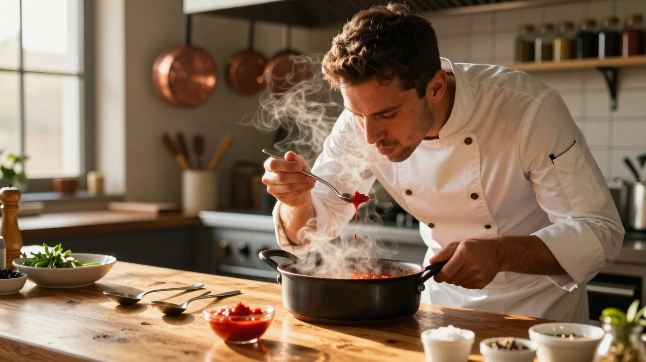 Koch in weißer Jacke probiert eine heiße, dampfende rote Sauce aus einem Topf in einer modernen Küche.