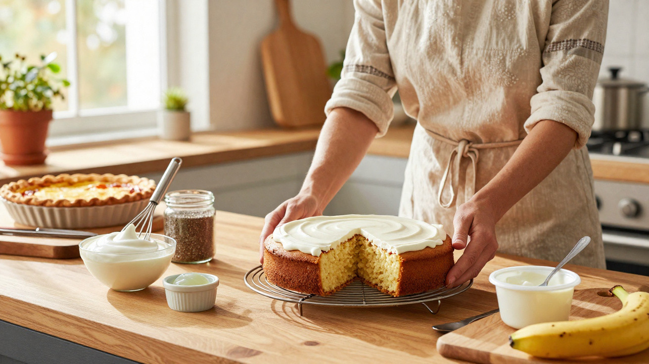 Frau in Schürze dekoriert einen Kuchen mit weißem Frosting in einer modernen Küche.