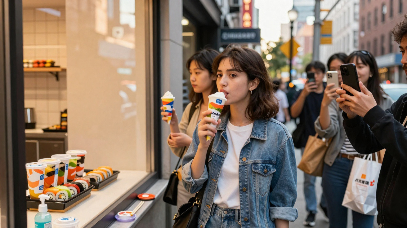 Junge Leute essen Eis vor einem Geschäft und fotografieren Sushi auf der Straße in der Stadt.