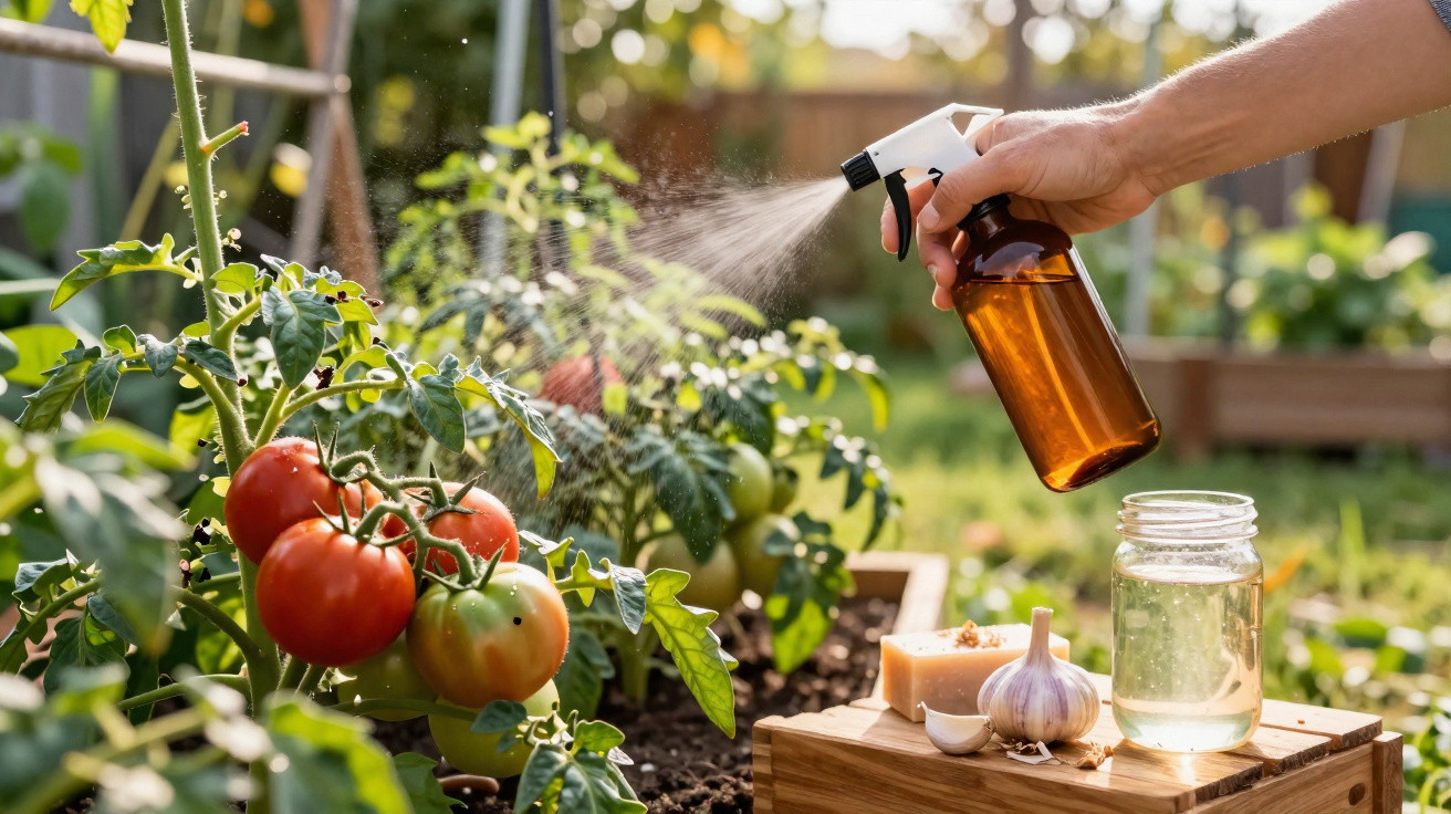 Hand sprüht Pflanze im Garten, neben Knoblauch, Seife und Wasser auf Holzplatte.