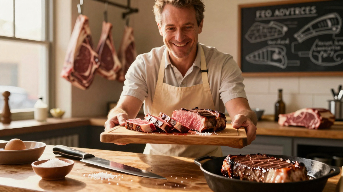Lächelnder Mann in Schürze präsentiert geschnittenes Steak auf Holzbrett in Metzgerei-Küche.