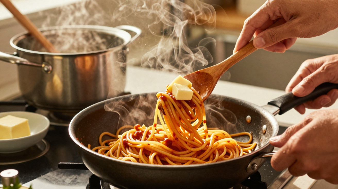 Dampfende Spaghetti in Pfanne mit Butterstück und Kochutensilien in moderner Küche.