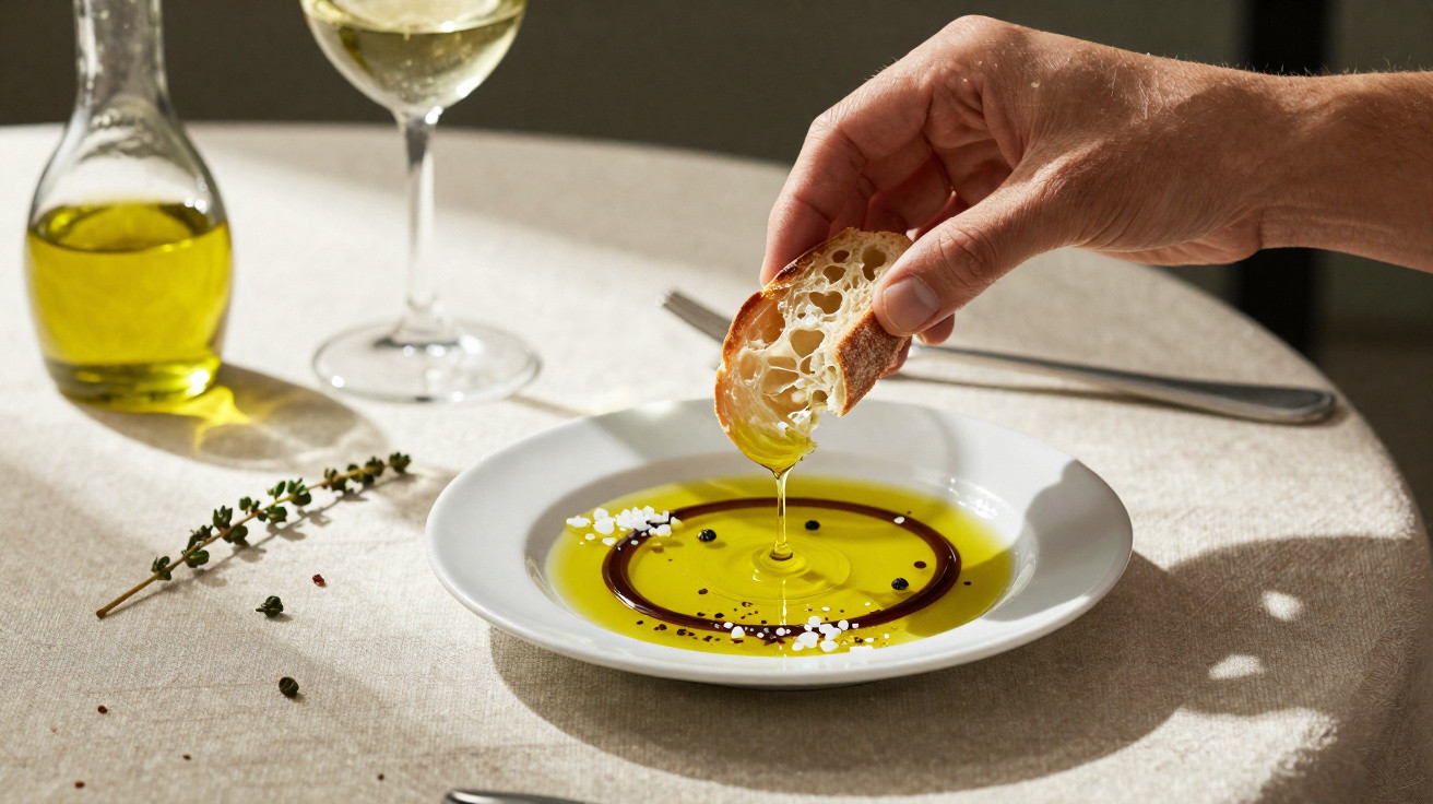 Hand taucht Brot in Teller mit Olivenöl, Balsamico und Gewürzen, Glas Weißwein im Hintergrund.