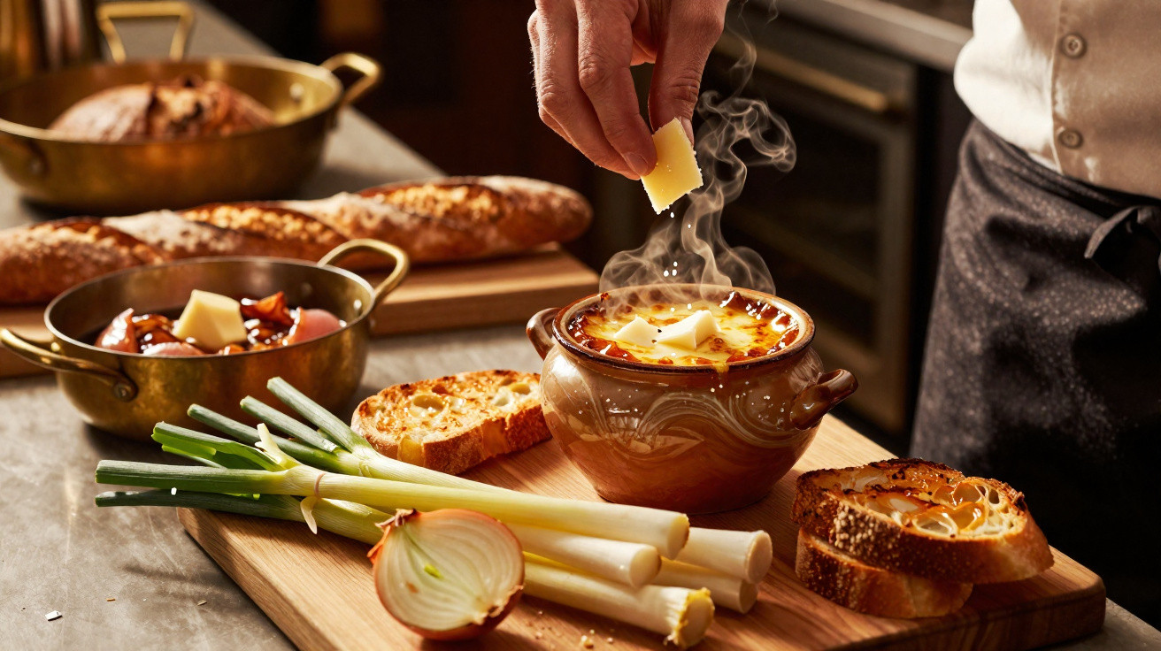 Dampfende Zwiebelsuppe in Tonform, daneben Lauch, geröstetes Brot und Hand streut Käse darüber.