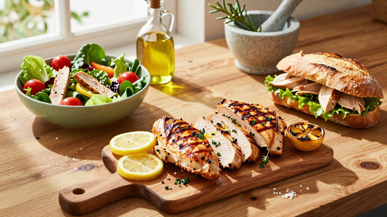 Gegrilltes Hühnerfilet mit Zitronenscheiben auf Holzbrett, frischer Salat und Sandwich auf Holztisch.