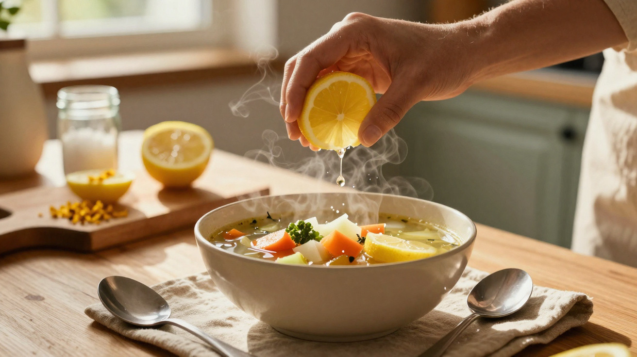 Dampfende Gemüsesuppe wird mit frischer Zitrone über einer Holztischgarnitur serviert.