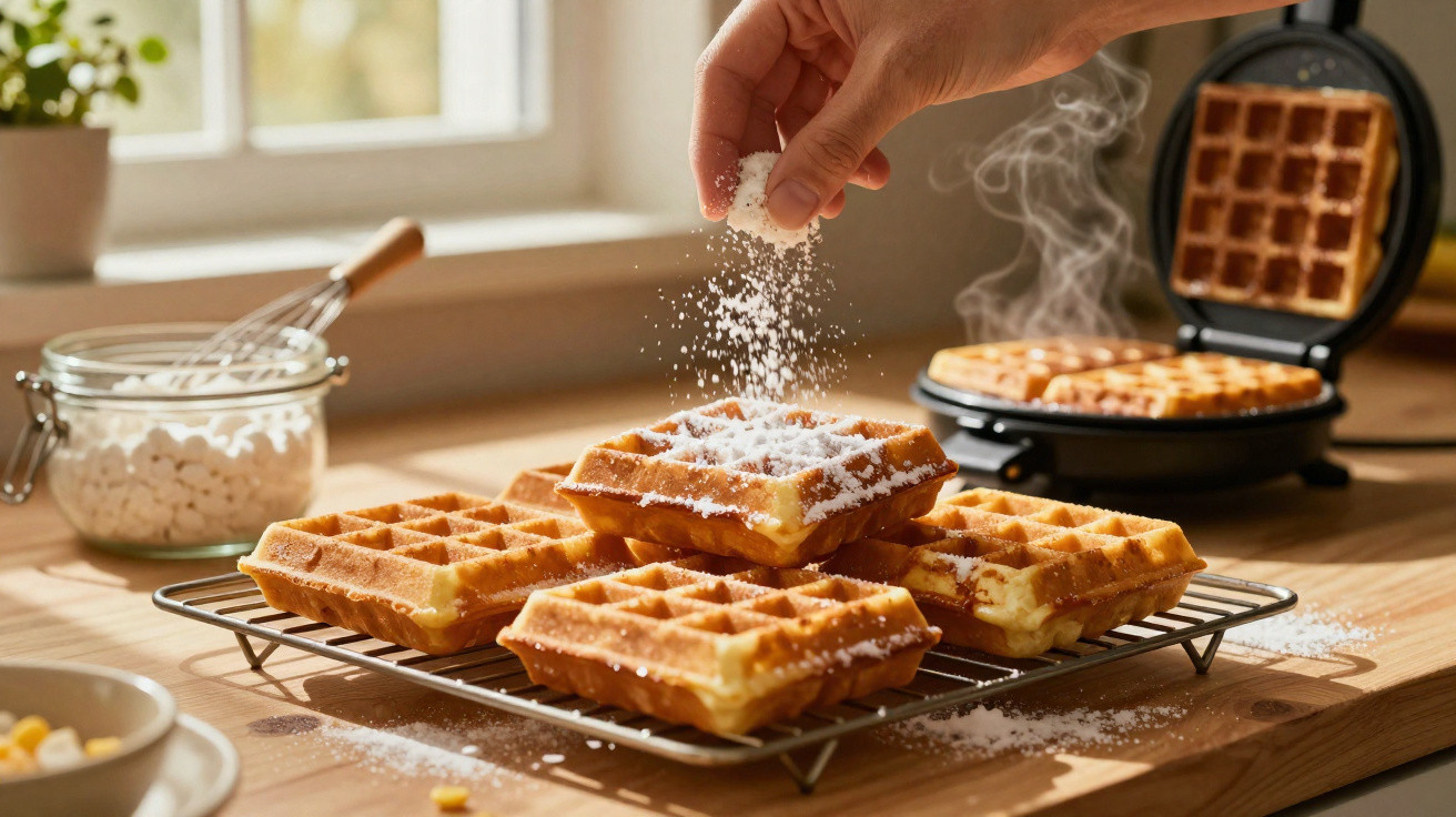Hand streut Puderzucker auf frisch gebackene, goldbraune Waffeln auf Kuchengitter in heller Küche.