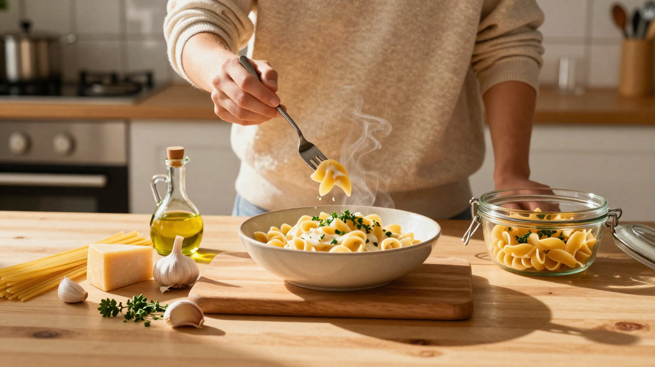 Person hält eine Gabel mit dampfender Pasta über einer Schale, Küchenutensilien und Zutaten am Tisch.