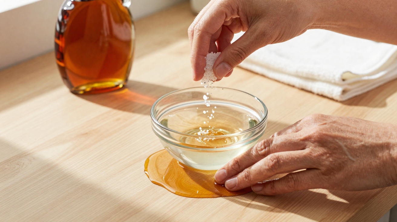 Hand streut Salz in eine Glasschale mit Honig auf hellem Holztisch, Flasche und Tuch im Hintergrund