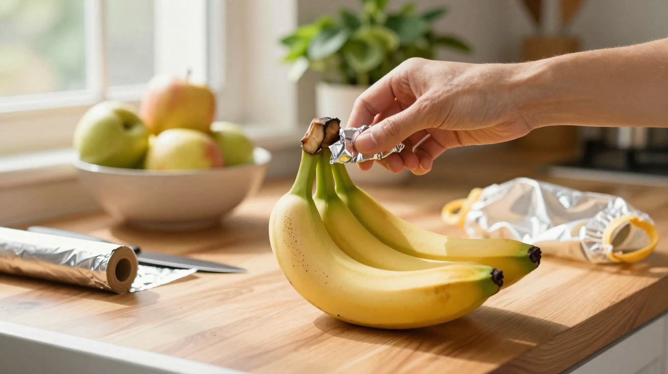 Hand wickelt Alufolie um Bananen auf einer Küchenarbeitsfläche mit Obstschale im Hintergrund.