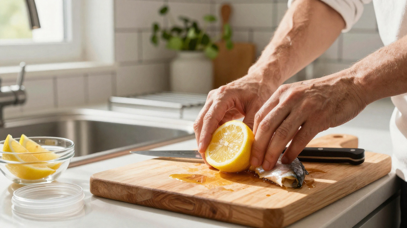 Person presst Zitrone auf Fischfilet auf Holzschneidebrett in heller Küche mit Spüle im Hintergrund.