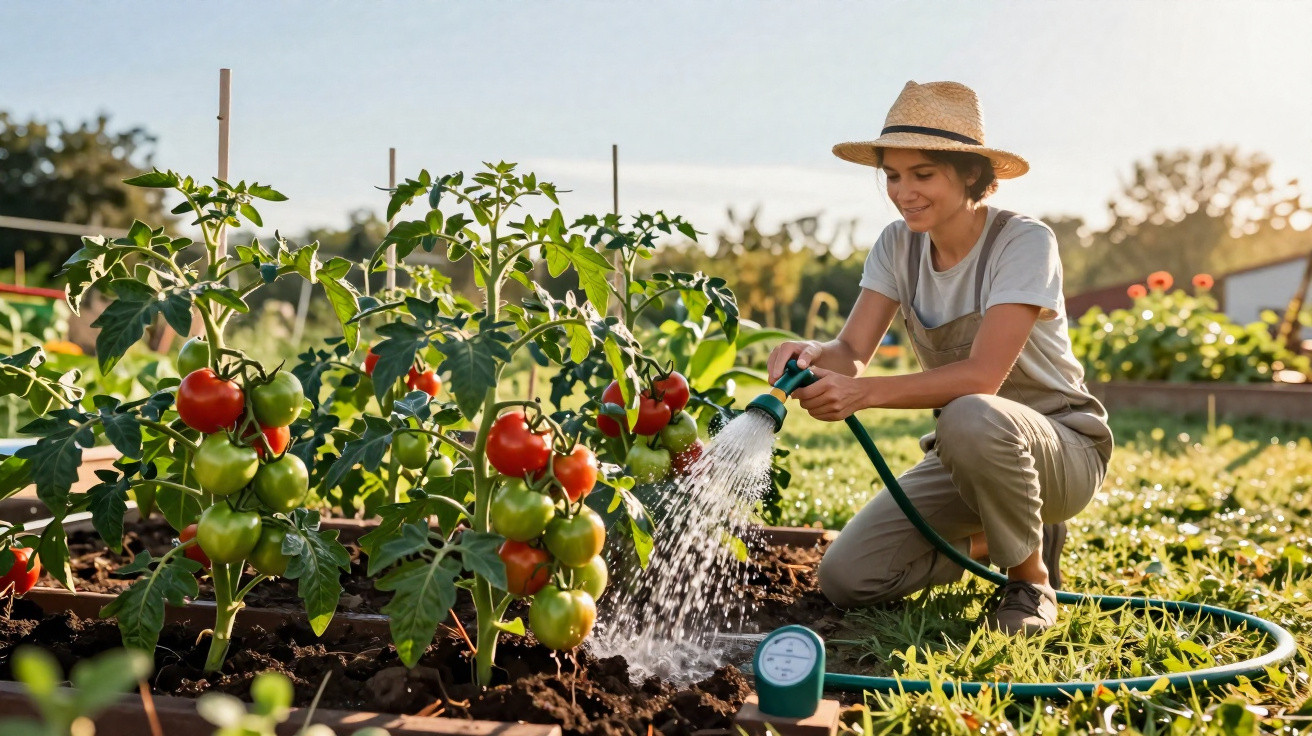 Junge Frau gießt Tomatenpflanzen in einem sonnigen Garten mit Gartenschlauch und Strohhut.