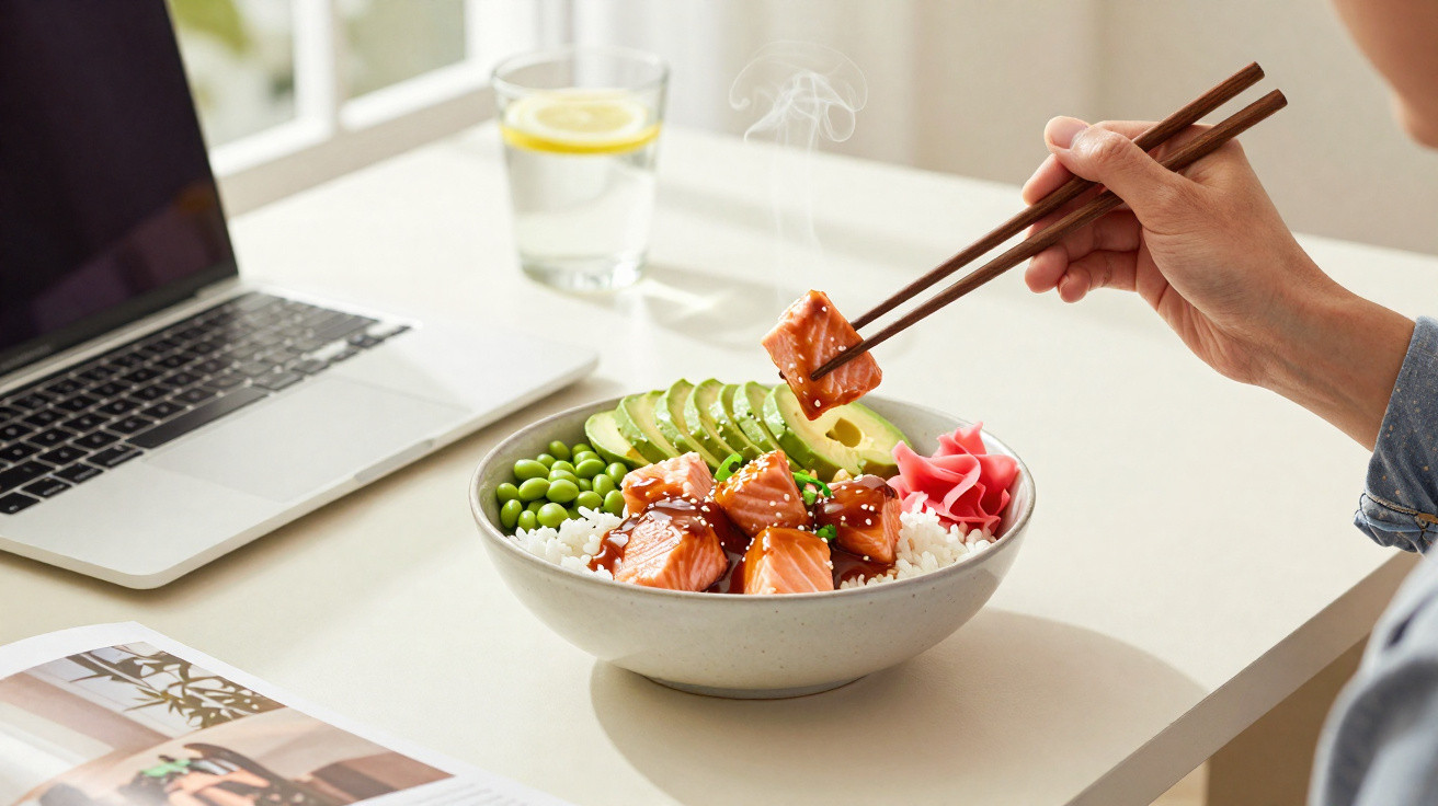 Schüssel mit Sushi-Reis, rohem Lachs, Avocado, Edamame, Ingwer auf Tisch neben Laptop, Hand hält Essstäbchen.