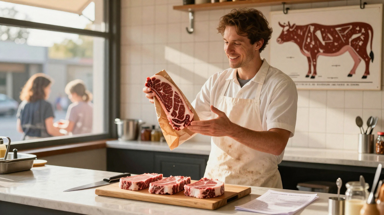 Metzger in weißer Schürze hält ein großes Stück marmoriertes Steak in moderner Fleischerei.