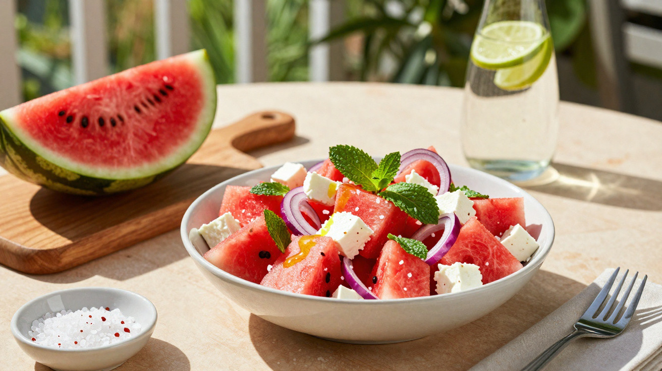 Frischer Wassermelonen-Feta-Salat mit roten Zwiebeln, Minze und einem Glas Wasser mit Limetten auf hellem Tisch.
