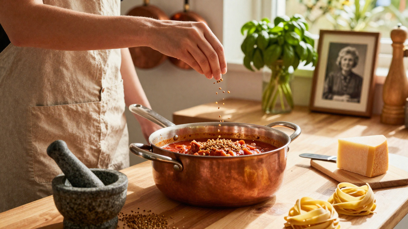 Person streut Gewürze in einen Kupfertopf mit Tomatensauce auf Holztisch neben Pasta, Käse und Basilikum.