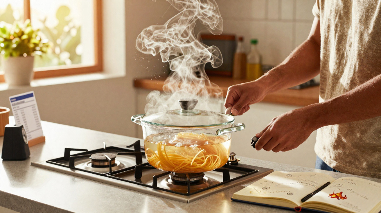 Ein Glasdeckel wird von einem dampfenden Topf mit kochender Pasta auf einem Gasherd in einer Küche abgehoben.