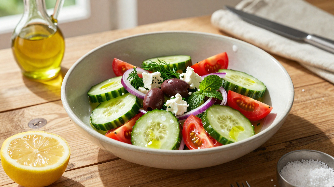 Schüssel mit griechischem Salat aus Gurken, Tomaten, Zwiebeln, Oliven, Feta, Kräutern, Zitrone und Olivenöl.