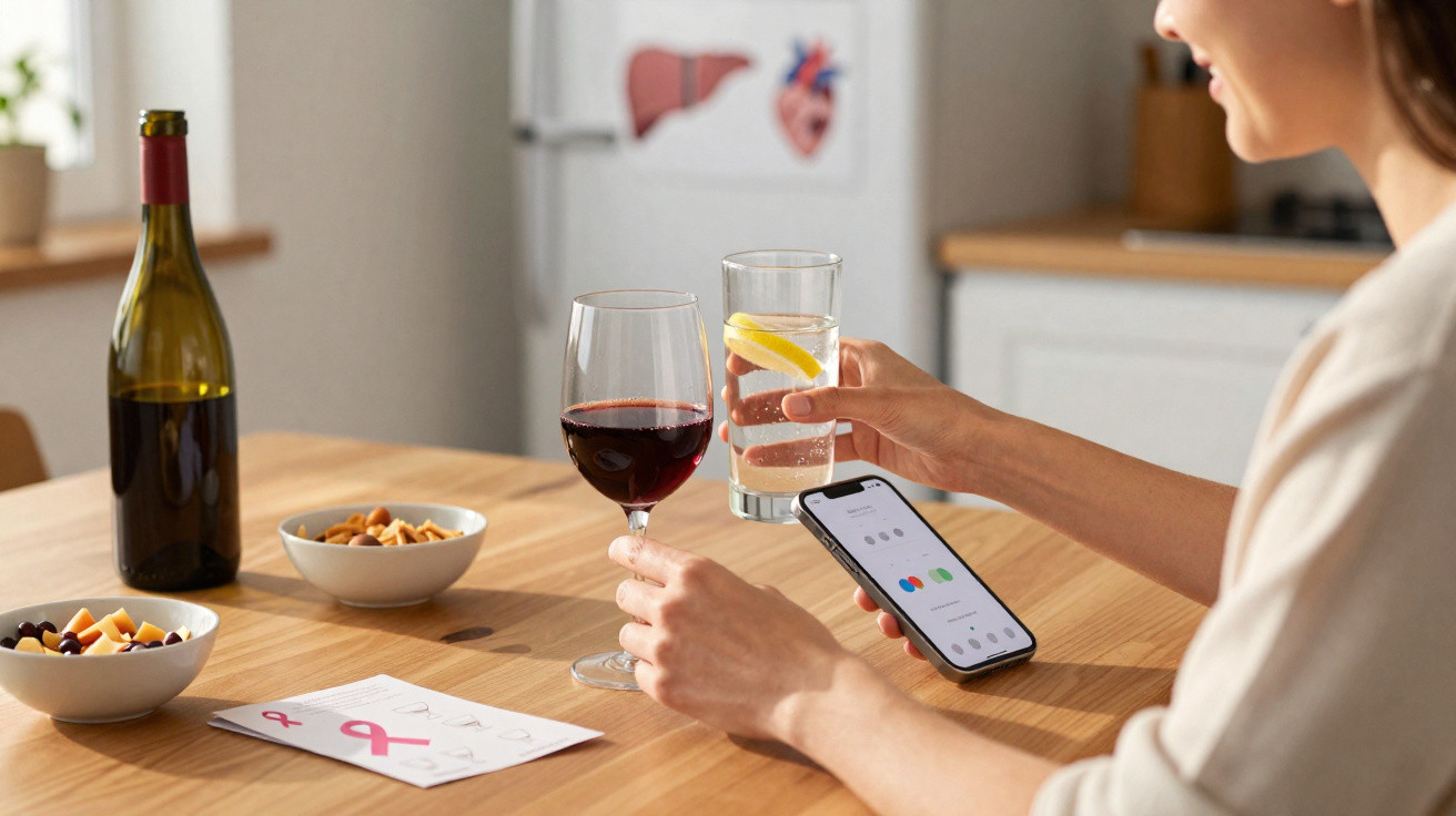 Person hält Wasserglas mit Zitrone in einer und Weinglas in der anderen Hand, sitzt am Tisch mit Snacks und Smartphone.