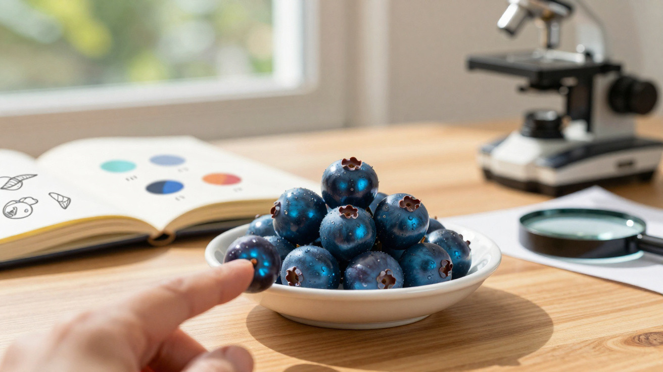 Schale mit blauen Beeren auf Holzplatte, Finger zeigt darauf, Mikroskop und Lupe im Hintergrund.
