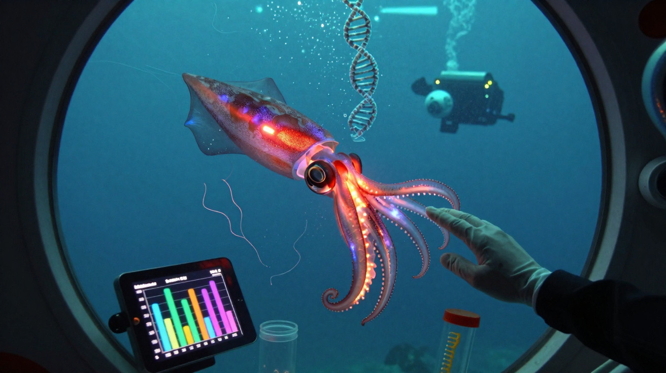 Eine leuchtende Tintenfischfigur schwimmt vor einem U-Bootfenster mit wissenschaftlicher Ausrüstung und DNA-Darstellung.